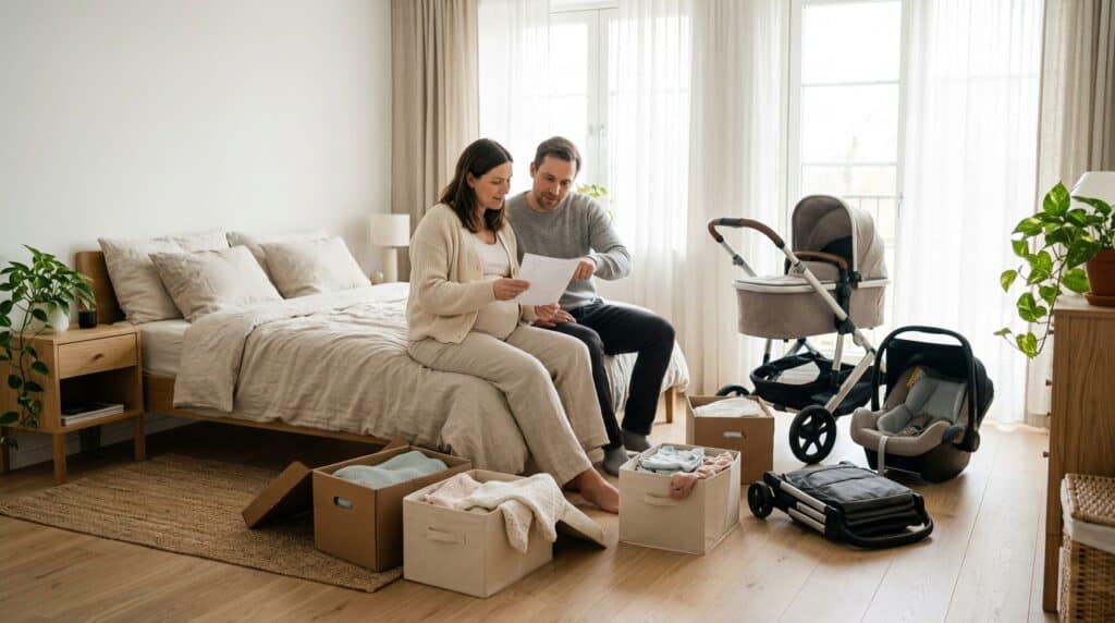 Pareja organizando las compras para la llegada de un bebé